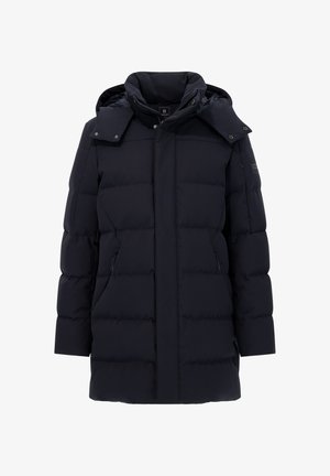 Zwarte gewatteerde winterjas met hoge kraag, afneembare capuchon, frontrits en drukknoopsluiting.