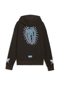 Μαύρο φούτερ με κουκούλα με μπλε και μωβ γραφικό σε σχήμα ήλιου και κείμενο «10FT» στην πλάτη, με ταιριαστά σχέδια αστεριών και φτερών στα μανίκια.