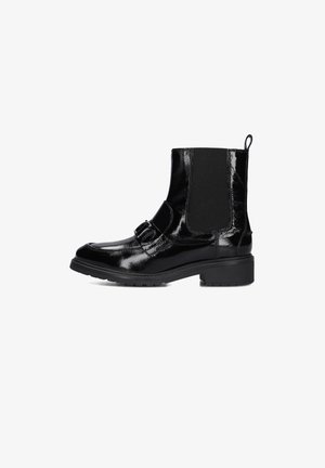 Black glossy ankle boots with elastic side panels, a buckle detail, thick rubber sole, and a pull tab at the back for easy wear.