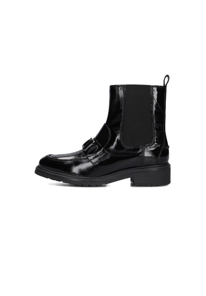 Black glossy ankle boots with elastic side panels, a buckle detail, thick rubber sole, and a pull tab at the back for easy wear.