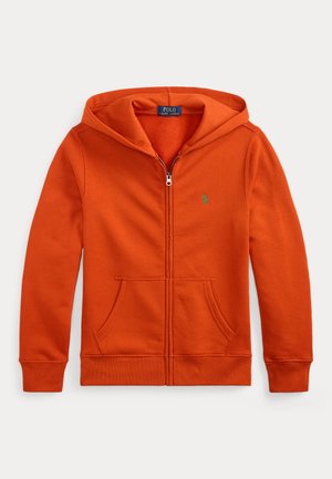 Oranger Zip-Hoodie mit Taschen, einem kleinen grünen Logo auf der Brust und Kapuze, vor einem schlichten hellen Hintergrund dargestellt.