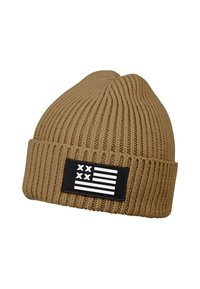 Brown knit beanie featuring a ribbed texture and a black patch with a white graphic of stripes and symbols. Classic design and snug fit.