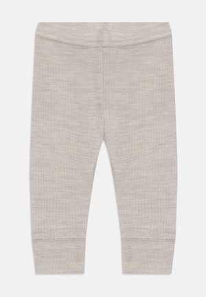 Leggings grigio chiaro realizzati in un tessuto morbido e testurizzato. Presentano una vita elasticizzata e un orlo cucito sui polsini delle caviglie. Design semplice senza motivi.