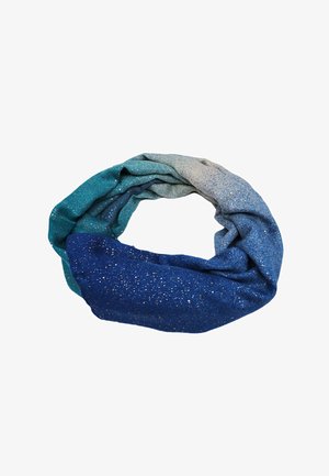 Scaldacollo blu con sfumature e glitter argento sparsi sul tessuto, piegato in forma circolare su uno sfondo bianco.