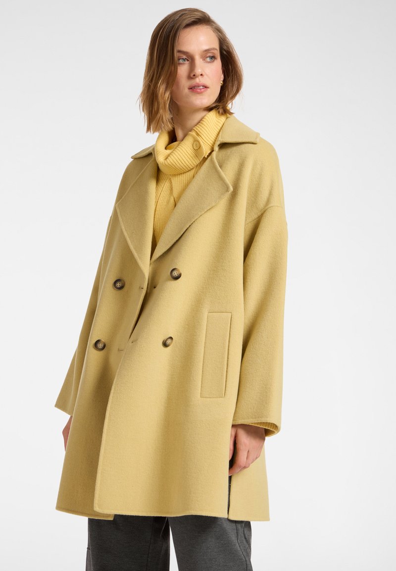 Cappotto giallo oversize doppiopetto in morbido misto lana, con tasche a pattina e bottoni grandi, indossato sopra un dolcevita giallo.