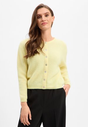 Vrouw met lang bruin haar, kleine creoolse oorbellen, een lichtgele gebuttonde cardigan en zwarte broek, poserend met één hand in de zak.
