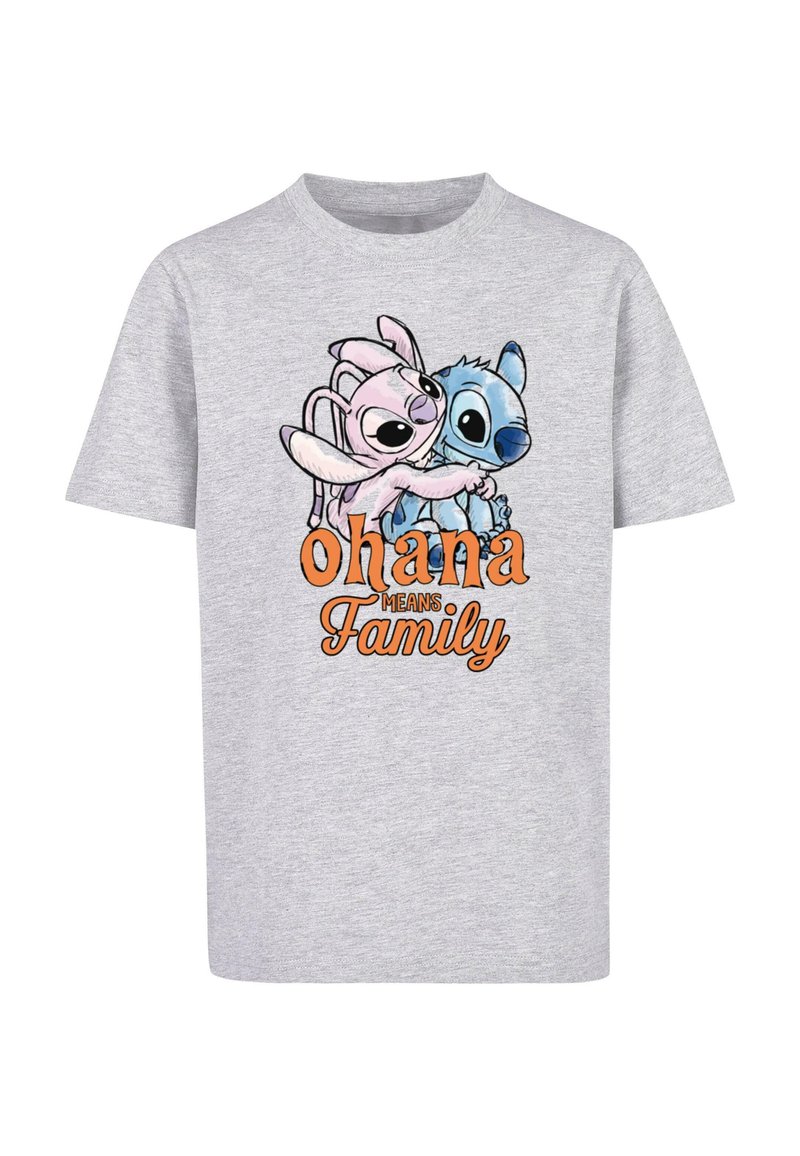 Šedé bavlněné tričko s grafickým potiskem dvou kreslených postav, jedna růžová a jedna modrá, s nápisem "Ohana znamená rodina" v oranžovém písmu.