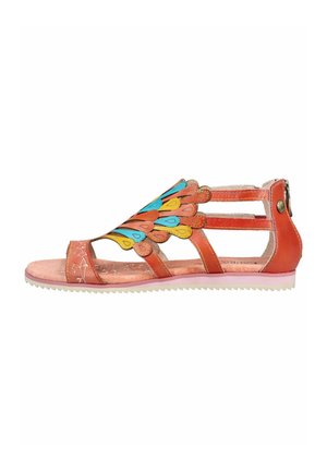 Women's flat orange sandal with multi-colored petal-shaped leather straps, open toe, and back zipper closure on sole with white tread.