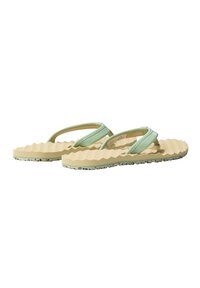 Green flip-flops with a wavy-textured beige sole, featuring a sleek design and subtle black speckling on the bottom.