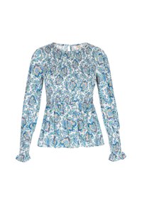 Blusa a maniche lunghe in tessuto leggero, con un motivo floreale blu e verde, vita arricciata e polsini con ruches. Collo rotondo.