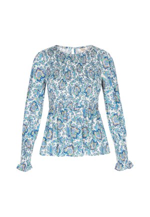 Hosszúujjú blúz könnyű anyagból, kék és zöld virágmintával, gumis derékkal és fodros mandzsettával. Kerek nyakkivágás.