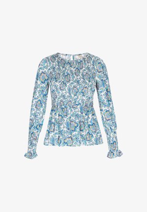 Hosszúujjú blúz könnyű anyagból, kék és zöld virágmintával, gumis derékkal és fodros mandzsettával. Kerek nyakkivágás.