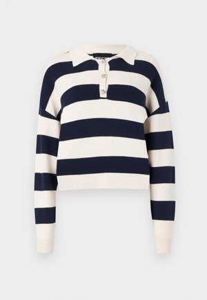 Marineblå og kremfargede striper strikket pullover med krage og tre knappelukking. Har lange ermer og en kortet design. Myk tekstur.