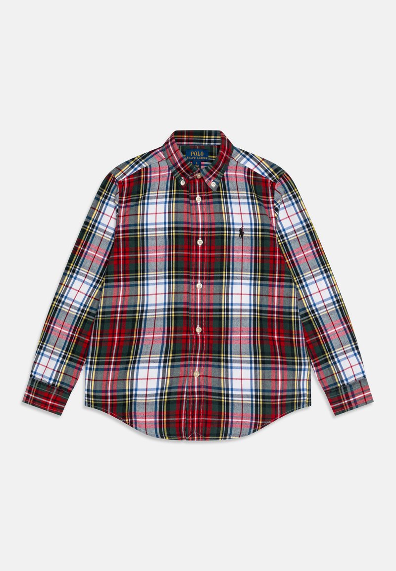 Camicia a maniche lunghe scozzese rossa, verde e bianca con colletto button-down e logo ricamato sul petto. Realizzata in morbido tessuto di cotone.