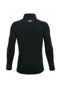 Sort langærmet pullover med høj krave, lavet af glat stof. Har et hvidt logo bagpå nær nakken.