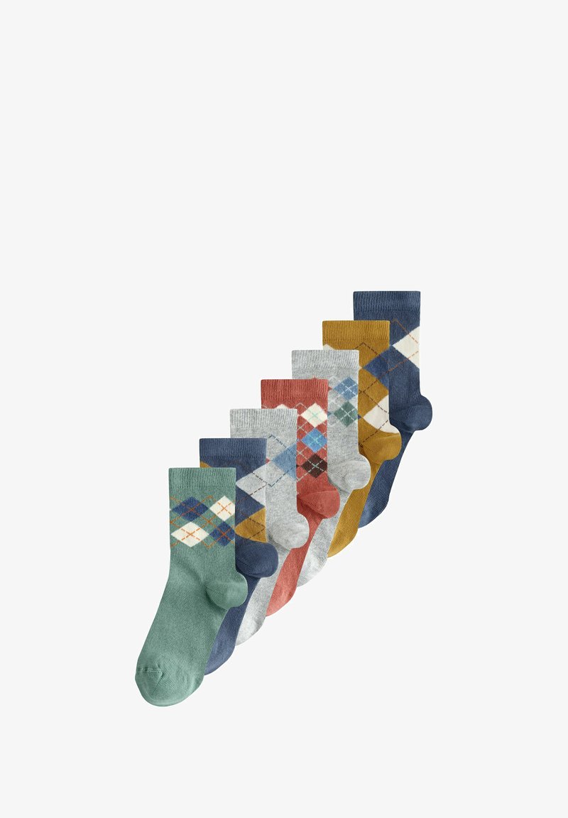 Ensemble de sept paires de chaussettes de cheville de couleurs variées : vert, bleu, gris, rouille et moutarde. Les motifs comprennent des designs en argyle dans plusieurs teintes.