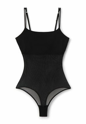 Zwart één-delig bodysuit met verstelbare spaghettibandjes, een effen bovenstuk en een doorschijnend mesh onderstuk met drukknoopsluitingen bij het kruis.