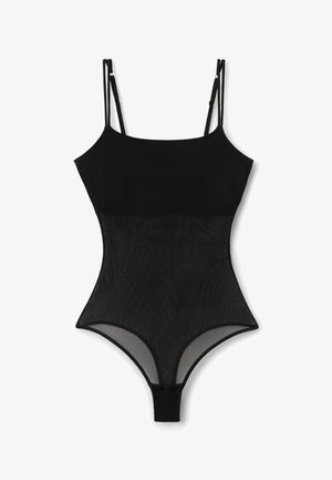 Schwarzer Einteiler-Body mit verstellbaren Spaghetti-Trägern, einfarbigem Oberteil und durchsichtiger Netzunterseite mit Druckknöpfen im Schritt.