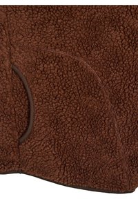 Tessuto di pile marrone con una superficie texturizzata e morbida. Presenta un'apertura laterale e un bordo marrone lungo il suo contorno, che ne esalta il design.