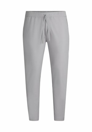 Pantalons jogger gris clair en tissu lisse, dotés d'une taille élastique avec cordon de serrage et de jambes fuselées avec poignets côtelés.