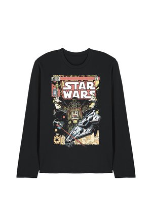 Schwarzes Langarmshirt mit Vintage-Star-Wars-Comiccover und Grafik von Darth Vader, Raumschiff und R2-D2.