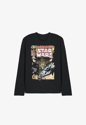 Black long-sleeve shirt featuring vintage-style Star Wars comic cover with Darth Vader, spaceship, and R2-D2 graphic.