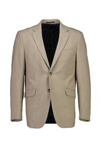 Blazer beige con rever a punta, chiusura a un bottone e due tasche frontali. Texture liscia, completamente foderato in tessuto nero.