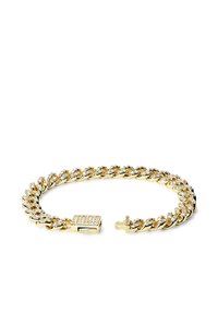 Armbånd i gullfarget kjede med vekslende glatte og teksturerte lenker, med en lås pyntet med små klare rhinestones.