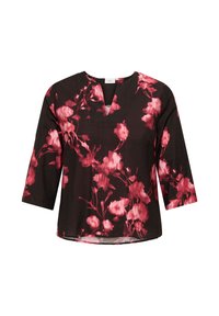 Black top with three-quarter sleeves, featuring a floral pattern in shades of pink and red, and a V-neck design. Lightweight fabric.