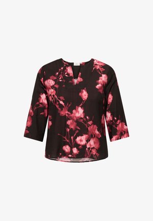 Črna majica s tremi četrtinami rokavi, z rožnim vzorcem v odtenkih roza in rdeče ter izrezom v obliki črke V. Lahka tkanina.