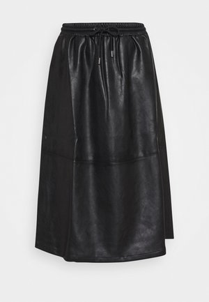 Black faux leather midi skirt with elastic waistband and drawstring, featuring a smooth and slightly shiny texture.