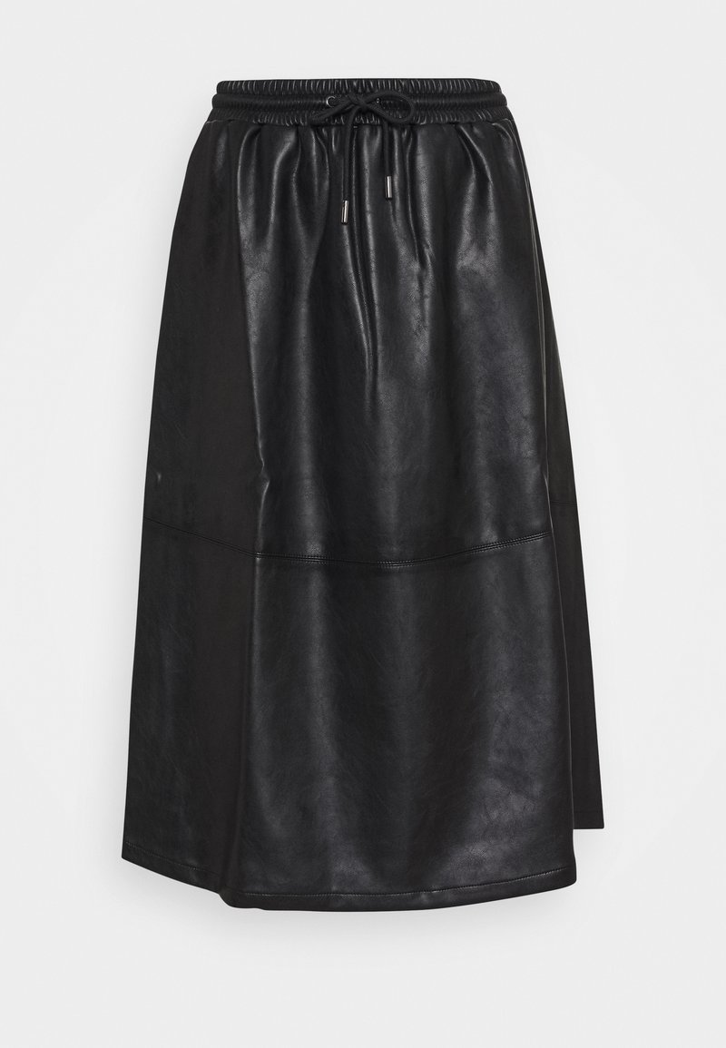 Jupe midi en simili cuir noir avec taille élastique et cordon de serrage, présentant une texture lisse et légèrement brillante.
