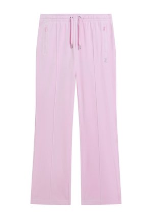Pantaloni rosa chiaro a gamba larga con vita elasticizzata, coulisse e tasche laterali con cerniera, con ricamo discreto del logo sul davanti.