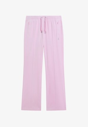 Hellrosa Hosen mit weitem Bein, elastischem Bund, Kordelzug und Reißverschlusstaschen an den Seiten, mit dezentem Logo-Stickmuster vorne.