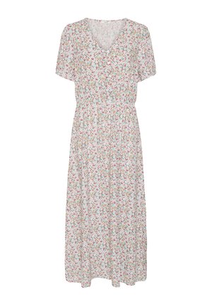 Vestido midi blanco con mangas cortas, escote en V, cintura elástica y pequeño estampado floral multicolor.