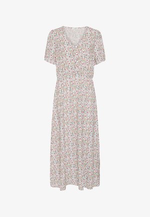 Vestido midi blanco con mangas cortas, escote en V, cintura elástica y pequeño estampado floral multicolor.