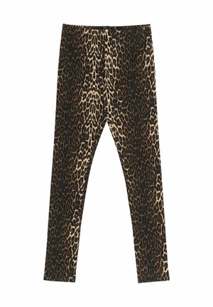 Leopard print leggings featuring a black and beige color scheme, a fitted design, and a soft, stretchy fabric texture.