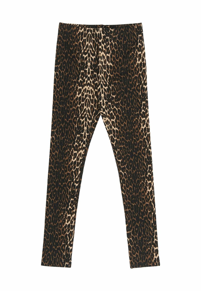 Leggingse s uzorkom leopard koji se ističu crno-bež kombinacijom boja, prilagođenim dizajnom i mekanom, rastezljivom tkaninom.