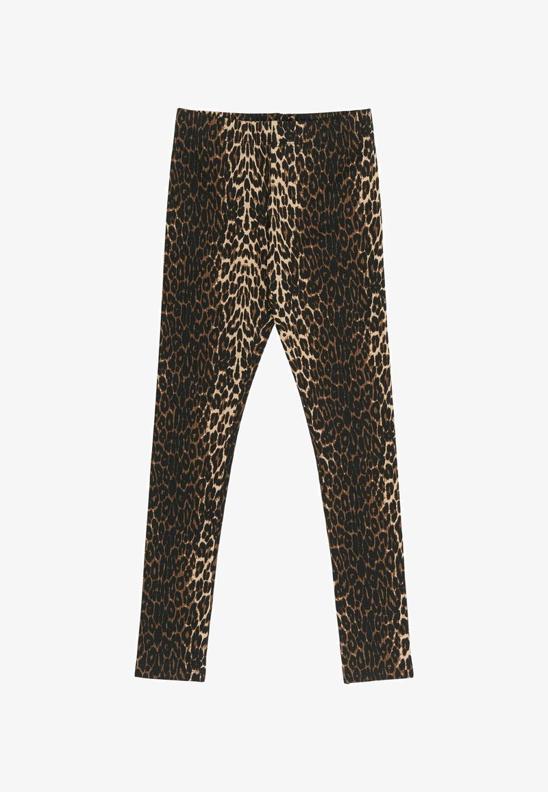 Leparda raksta legingi ar melnu un beigu krāsu shēmu, pieguļošu dizainu un mīkstu, elastīgu auduma tekstūru.