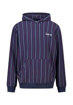 Sudadera azul marino con rayas verticales en gris claro y burdeos. Presenta un bolsillo frontal y un logo bordado en el pecho. Material de mezcla de algodón.