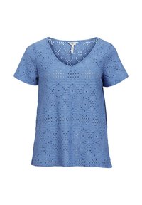 Blaues Spitzentop mit V-Ausschnitt, kurzen Ärmeln und einem komplizierten Diamantmuster mit Aussparungen im gesamten Stoff.
