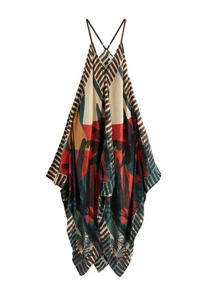 Kaftan multicolore avec des rayures diagonales et des motifs tropicaux. Fabriqué en matériau léger, présentant un décolleté en V profond et une silhouette fluide.