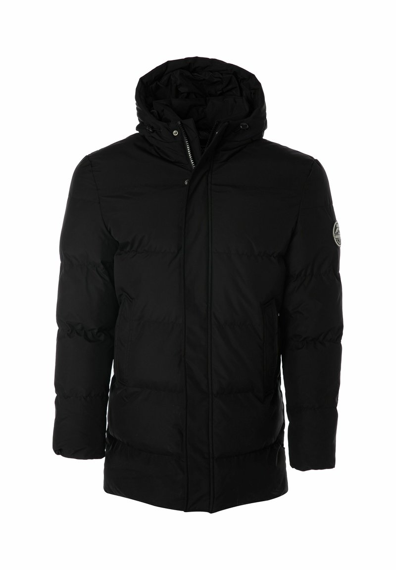 Čierna páperová bunda s kapucňou, obsahuje zips, elastické manžety a nášivku s logom na ľavom pleci. Hladký, ľahký materiál.
