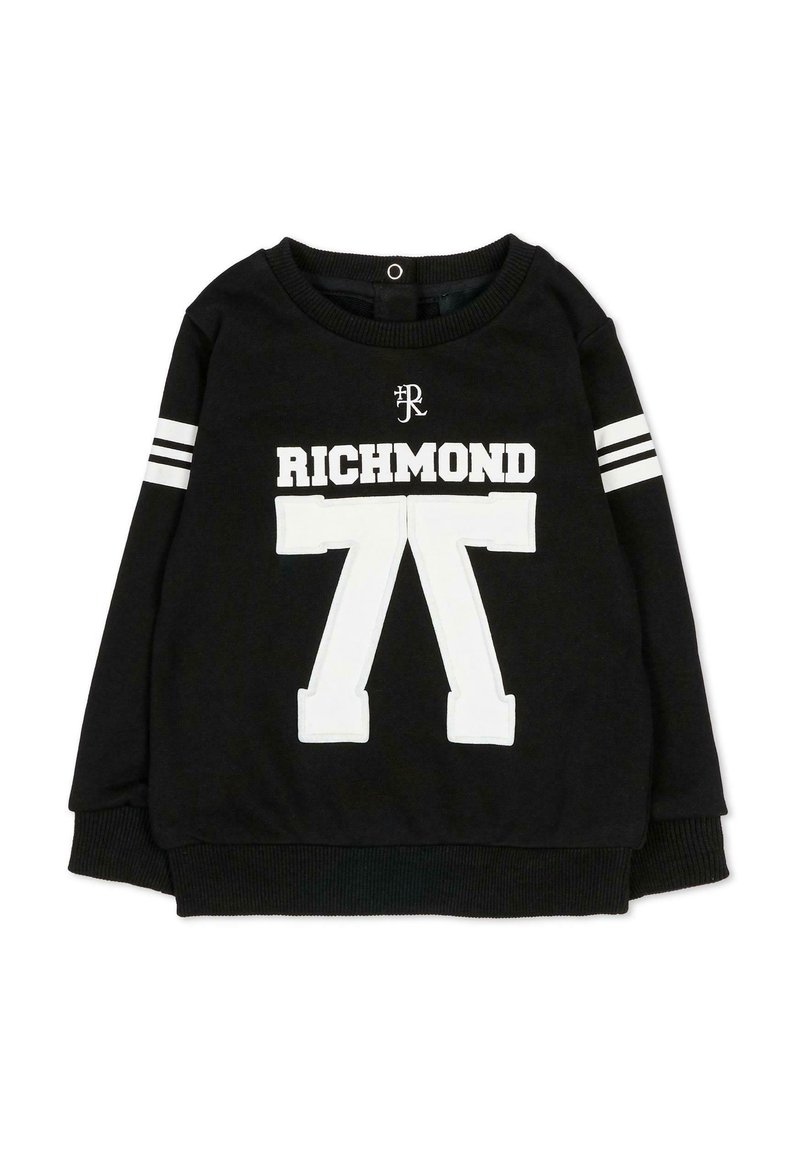 Felpa nera con scritta bianca "RICHMOND" e grafica; presenta due strisce bianche su ogni manica e polsini e orlo a coste.