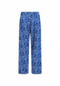 Pantalones holgados en azul y blanco con un patrón de hojas en espiral, cinturilla elástica y piernas rectas sobre un fondo blanco.