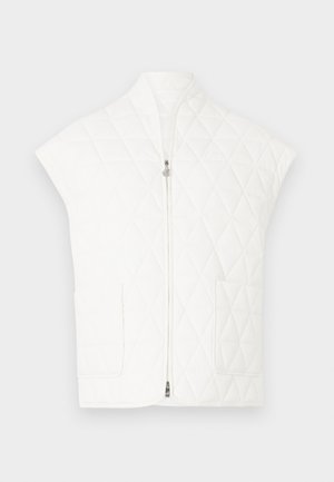 Weiße gesteppte Weste mit Stehkragen, kurzen Ärmeln und durchgehendem Reißverschluss vorne. Verfügt über zwei aufgesetzte Taschen. Glatte Textur und Rautenmuster.