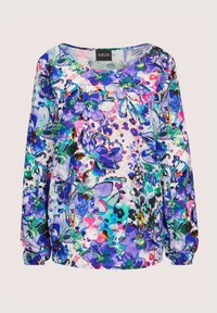 Florale Bluse mit lebendigen Violett-, Blau- und Pinktönen auf leichtem Stoff. Rundhalsausschnitt und Puffärmel mit elastischen Bündchen.