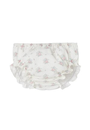 Culotte en tissu blanc à volants floraux, ornée de petites fleurs roses et vertes, dotée d'une taille élastique et de finitions le long des bords.