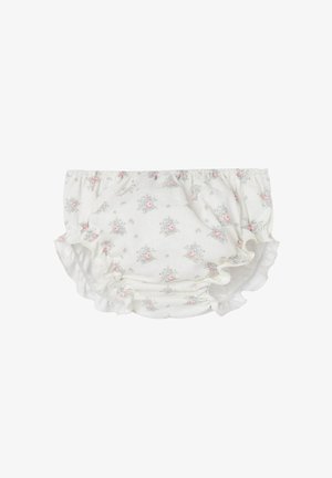 Culotte en tissu blanc à volants floraux, ornée de petites fleurs roses et vertes, dotée d'une taille élastique et de finitions le long des bords.