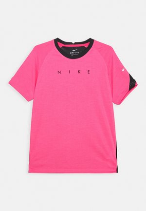 Nike Dri-FIT short-sleeve shirt in bright pink, featuring a black collar and side accents, with "NIKE" logo prominently displayed in black.